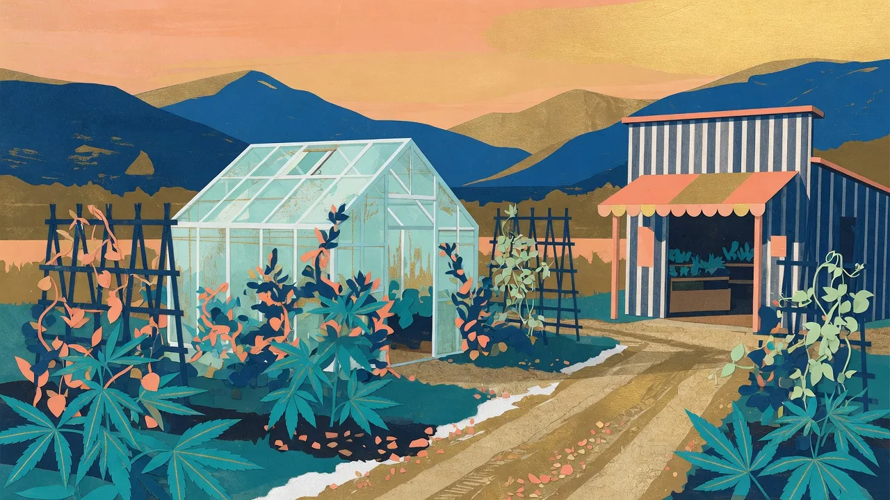 Illustration d’une serre et d’une boutique à la ferme, sans lieu réel.