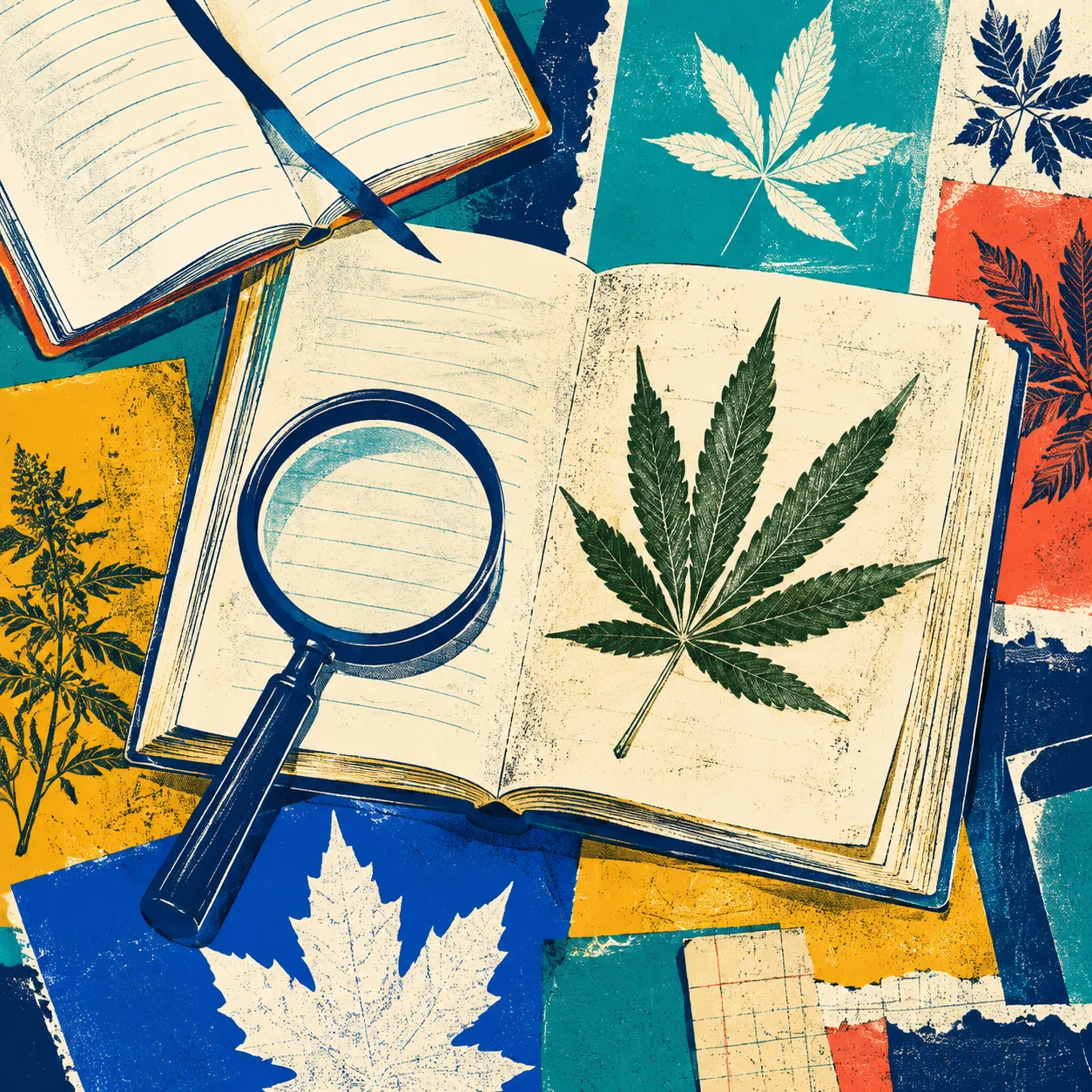 Carnet de recherche illustré avec spécimen botanique et loupe.